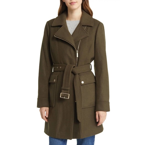 Michael Kors Asymmetric Zip Wool Blend Belted Coat Olive XS/S/M/L/XL $375 Nwt - Picture 1 of 5